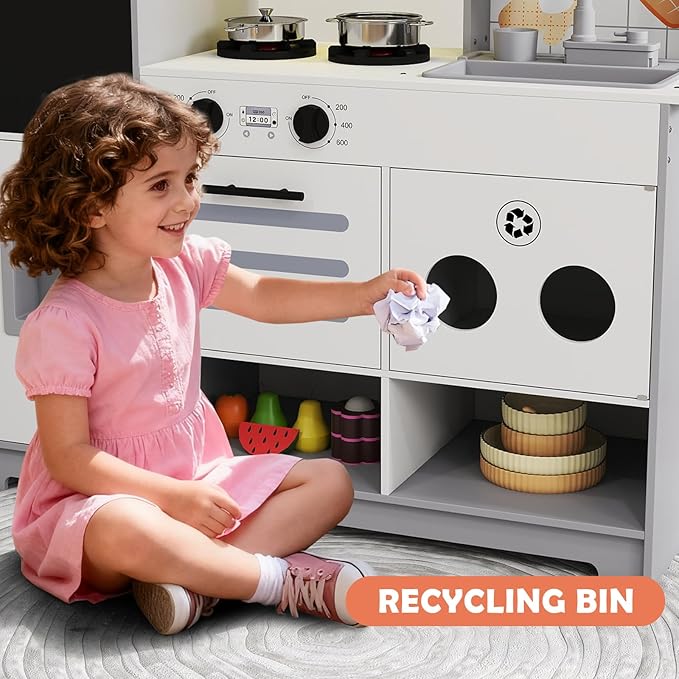 JOYDIAS Kids Play Kitchen Set, Pretend Wooden Kid Kitchen Playset Toy Kitchen w/Sound and Light, Running Water, Oven, Ice Maker, Blackboard & Recycling Bin, Toddler Kitchen for Kids Ages 3+