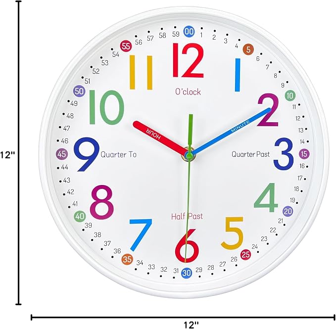 Wall Clock for Kids Learning to Teaching Time Wall Clocks Battery Operated Silent Non Ticking - Analog Colorful Clock Decorative for Kids Room,Classroom,School,nursery school,playroom(12 Inch) - Image 8
