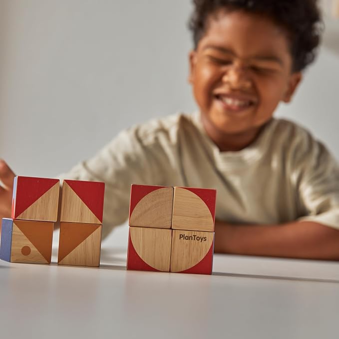 PlanToys® Wooden Geo Pattern Cubes Montessori Puzzle Kids STEM Learning Toy - Image 8