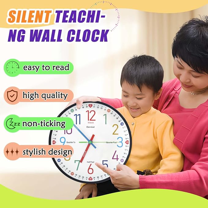 Learning Clock for Kids, 10'' Silent Non-Ticking Teaching to Tell Time Colorful Wall Clocks for Children's Room Bedroom Classroom Home Decor, Gifts for Christmas Birthday (Black) - Image 3