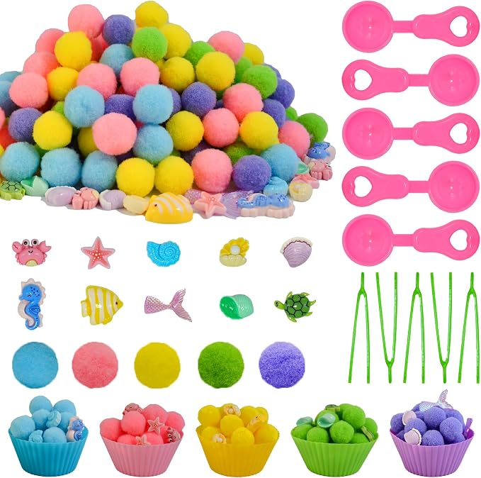 185pcs Summer Ocean Animal Sensory Bin Filler Fine Motor Toys Ocean Animals Sensory Bin Items Resin Crab, Starfish, Sea Snail, Pearl Shell Pom Poms for Preschool Education Counting Sorting by Unvola
