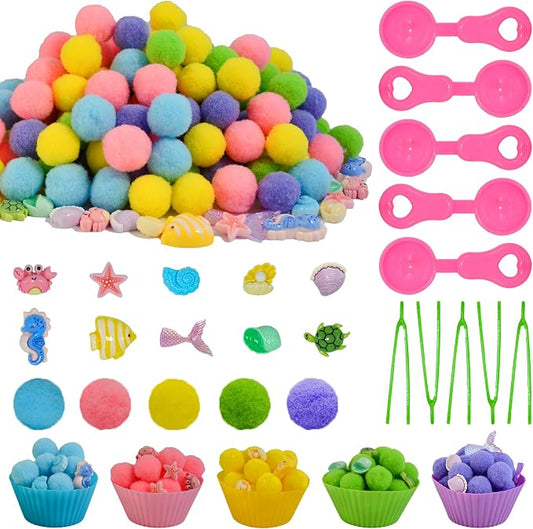 185pcs Summer Ocean Animal Sensory Bin Filler Fine Motor Toys Ocean Animals Sensory Bin Items Resin Crab, Starfish, Sea Snail, Pearl Shell Pom Poms for Preschool Education Counting Sorting by Unvola