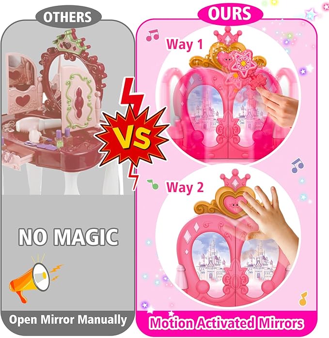 Toddler Vanity Magic Makeup Set Table and Chair Girl Toy Automatically Mirror with Music Light Pink Toys for 3 4 5 Year Old Girls Hair Salon Pretend Play Princess Dress Up Playset Gift Toddler 3-5