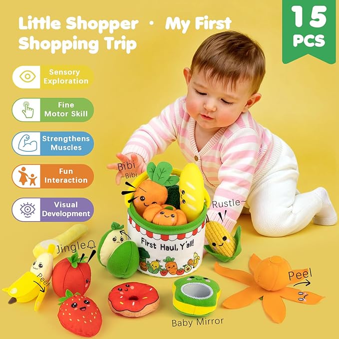 Montessori Baby Toys for 6-12-18 Months - My First Shopping Trip Baby Sensory Toys with Color Sorting Play Food, Crinkle & Rattle, Fine Motor Learning Toddler Toys for 1-2 Year Old Boy Girl Gifts