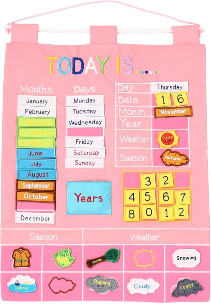 The Peanutshell Learning Calendar Wall Chart - Homeschool Supplies, Interactive Pocket Chart for Toddlers & Kids - Preschool Learning Activity Board, Circle Time Board for Classroom - Pink Today is by ThePeanutshell