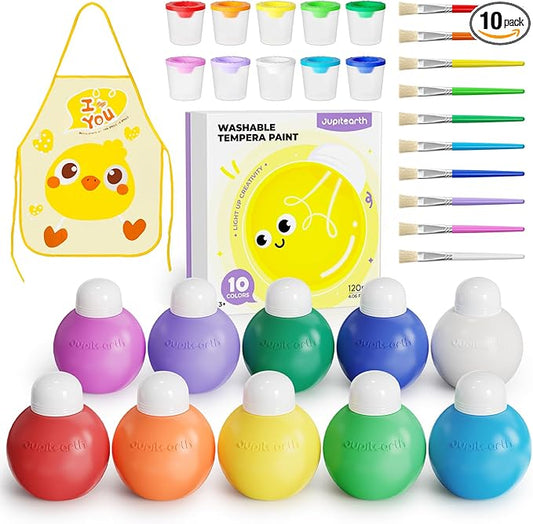 JUPITEARTH 10 Colors Washable Tempera Paint Set, 4.06oz(120ml) Non Toxic Finger Paints for Toddlers and Kids, Included Brush, Cups, Art Smock