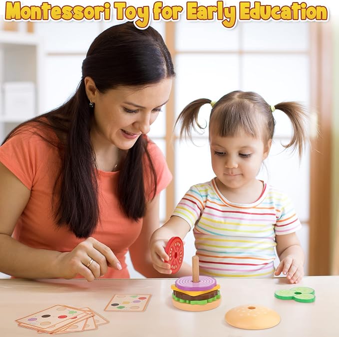 Aizweb Montessori Toys for 3 Year Old - Wooden Burger Stacking Toys for Toddlers and Kids Preschool, Educational Toys, Fine Motor Skill Toy, Blocks for Toddlers, Learning Toys - Image 6