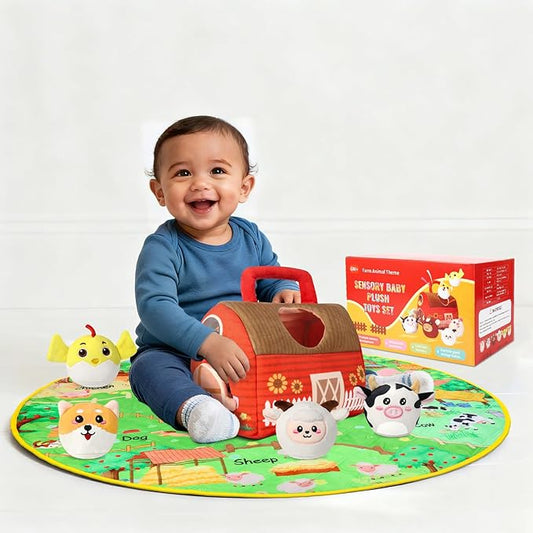 Plush Farm House Playset with 6 Farm Animal Toys & Play Mat – Soft Sensory Barn for Babies & Toddlers, Montessori Learning Toy, Portable Plush Playset for Early Animal Learning