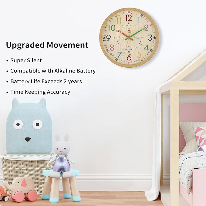 Foxtop Learning Clock for Kids - Telling Time Teaching Clock 12 Inch Silent Non-Ticking Battery Operated Kids Wall Clock for Kids Room Playroom Nursery Classroom School - Image 3