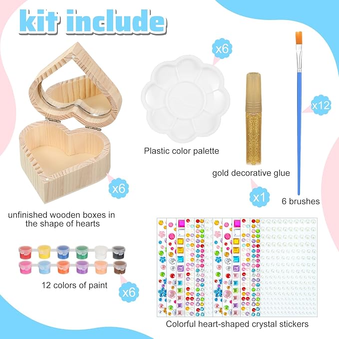 Kigley 6 Sets Paint Your Own Box Kit for Girls DIY Wooden Jewelry Box Unfinished Heart Boxes Arts and Craft Painting Gift Kits Christmas Crafts for Toddler Kids Ages 3-12 Year Old