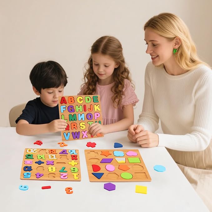 Alphabet Wooden Puzzles for Toddlers 3-5, Pack of 3 ABC, Number and Shape Puzzle, Preschool Educational Learning Toys with Puzzle Board & Letter Blocks for Girls Boys Ages 3 4 5 Years Old - Image 6