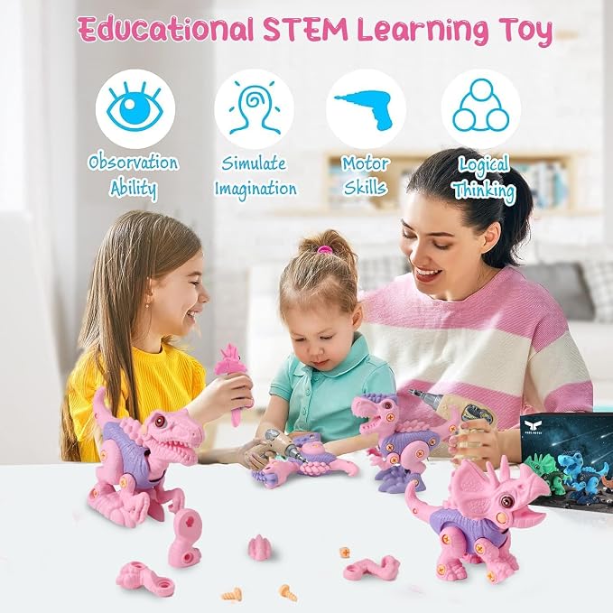 FREE TO FLY Girls Toys Take Apart Dinosaur: Pink Dinosaur Play Set for Kids 3-5 5-7, Stem Learning Educational Montessori for 3 4 5 6 7 8 Year Old Girls Toddlers Autism Sensory Xmas Birthday Gifts - Image 2