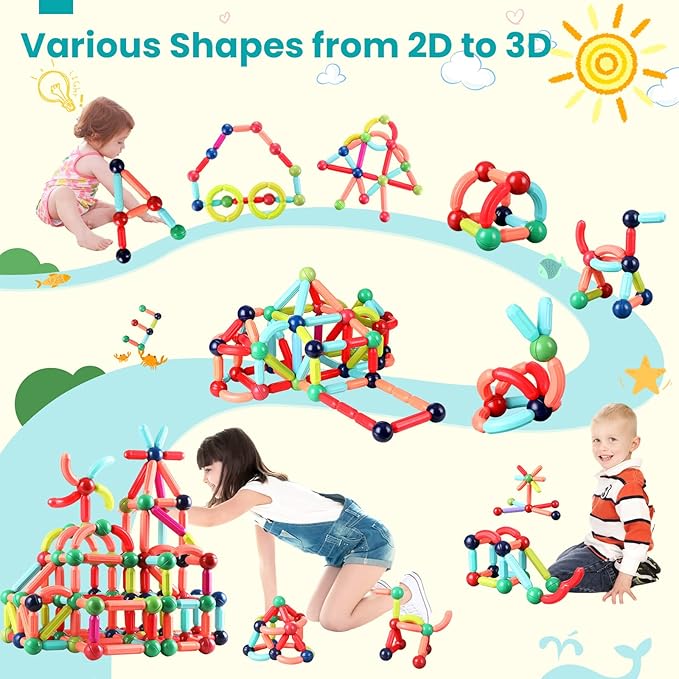 BAKAM Magnetic Building Blocks for Kids Ages 4-8, STEM Construction Toys for Boys and Girls, Large Size Magnetic Sticks and Balls Game Set for Kid’s Early Educational Learning (64PCS) - Image 2