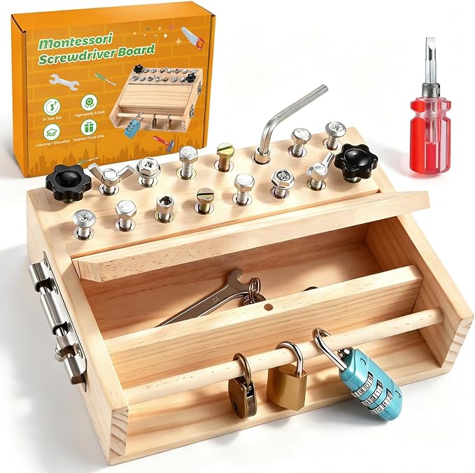 Montessori Screwdriver Board Set, Montessori Toys for 3 4 5 with 3 Lock and Keys, Toddler Screwdriver Toy, Kids Tool Set, Preschool Learning Sensory Toy, Fine Motor Skills Toys by WoodTrove