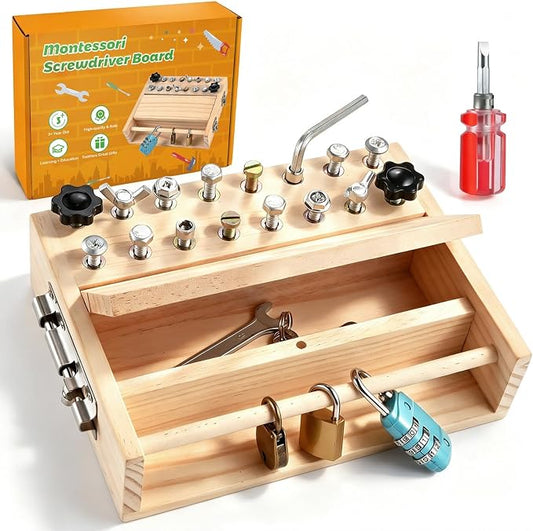 Montessori Screwdriver Board Set, Montessori Toys for 3 4 5 with 3 Lock and Keys, Toddler Screwdriver Toy, Kids Tool Set, Preschool Learning Sensory Toy, Fine Motor Skills Toys by WoodTrove