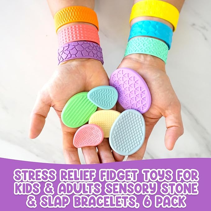 SENSORY4U Sensory Stones & Textured Slap Bracelets – 12-Pack Silicone Fidget Toys for Kids & Adults – Calming Stress Relief Set for Focus, Autism, ADHD, Classroom, Office & Travel