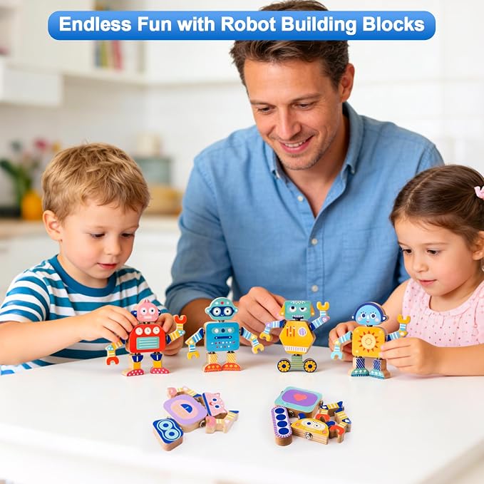 33-Piece Wooden Snap-Together Take-Apart Robot Building Blocks for Kids 3-6 - Image 3