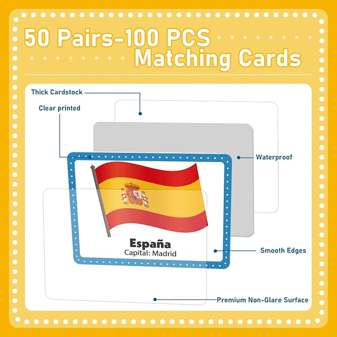 gisgfim 100 PCS Juego de Memoria de Banderas del Mundo en español para niños y adultos Flags of the World Memory Matching Games in Spanish Educational Matching Game Fun Fast Memory Game Gift Learning - Image 3