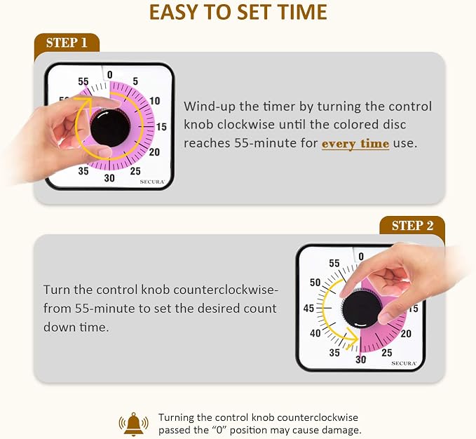 Secura 60-Minute Visual Countdown Timer, 7.5-Inch Oversize Classroom Visual Timer for Kids and Adults, Durable Mechanical Kitchen Timer Clock with Magnetic Backing (Peony Color) - Image 2