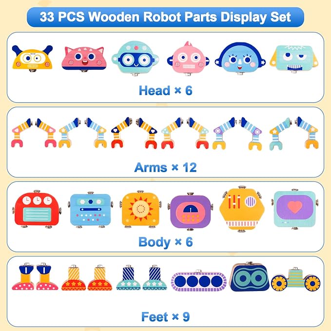 33-Piece Wooden Snap-Together Take-Apart Robot Building Blocks for Kids 3-6 - Image 5