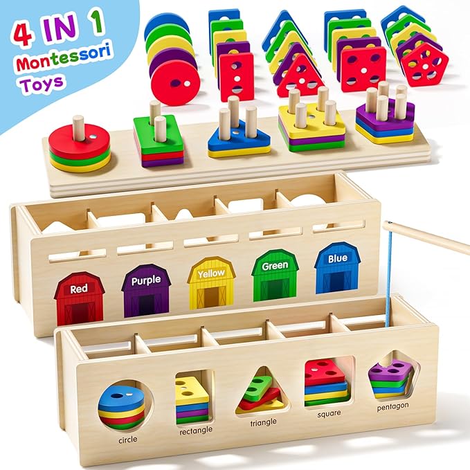 Montessori 4 in 1 Wooden Sorting Shape Sorter and Stacking Toy Box Color Matching Counting Fishing Game Preschool Educational Toys for 3 Years Boys and Girls Gifts by UMEREACT