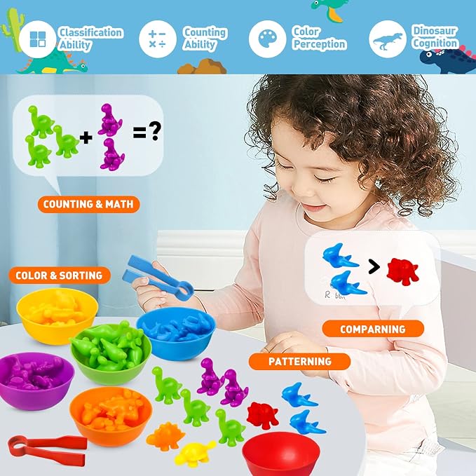 Counting Dinosaurs Color Sorting Toys with Rainbow Bowls,Sensory Training & Counting Activity Montessori Education Learning Activities Easter Basket Stuffers Gifts for Boys Girls - Image 3