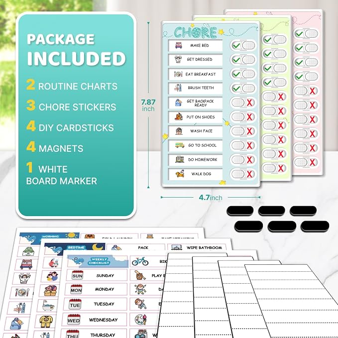 Dry Erase Kids Chore Chart for 3 Kids Pink & Blue & Green - Magnetic Routine Chart with Slider Cute Chore Stickers, Morning Bedtime Daily Routine Chart for Toddlers Visual Schedule for Kid with Autism - Image 7