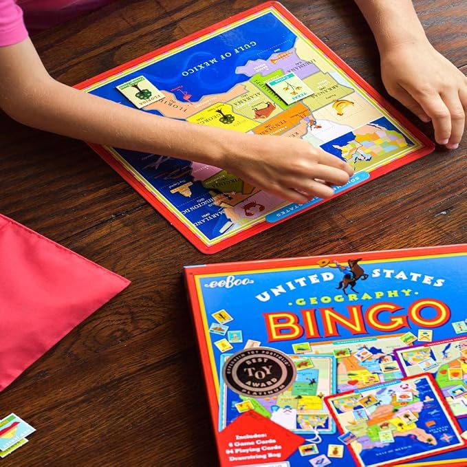 eeBoo: United States Geography Bingo Game, for 2 to 6 Players, Includes 6 Game Cards, 84 Playing Cards, & Drawstring Bag, for Ages 5 and up - Image 8