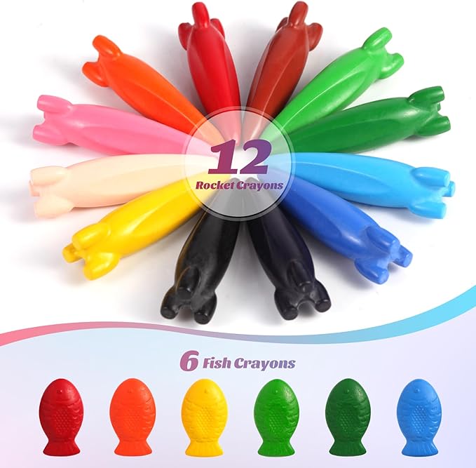 DreamCandy Rocket and Fish-Shaped Crayons,18PCS Non Toxic Washable Toddler Crayons for Kids and Toddlers,Art Supplies Drawing Coloring Crayon Set,Gift for Girls and Boys,Back to School