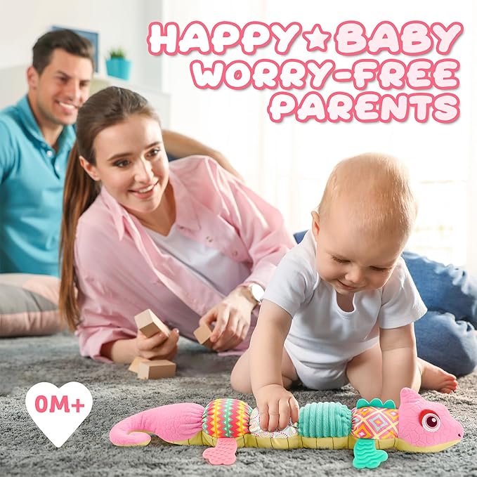 Baby Toys 0-6-12 Months, Musical Stuffed Animal Activity Soft Toys with Multi-Sensory Crinkle,Rattles and Textures,Infant Baby Girl Toys Gifts for Newborn Tummy Time,Dinosaur,Pink