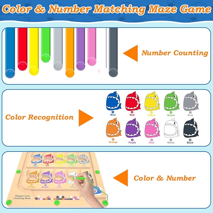 Magnetic Color & Number Maze Counting Matching Toy with Shark Eating - Image 3