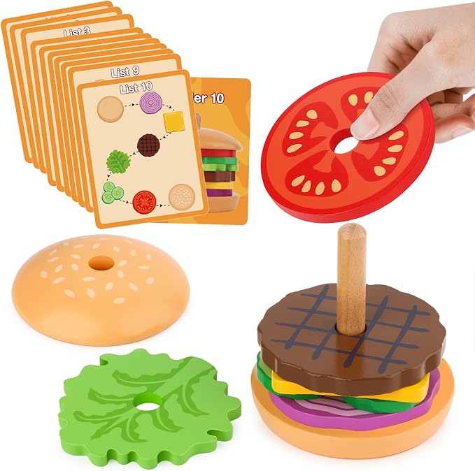 Aizweb Montessori Toys for 3 Year Old - Wooden Burger Stacking Toys for Toddlers and Kids Preschool, Educational Toys, Fine Motor Skill Toy, Blocks for Toddlers, Learning Toys by AIZWEB