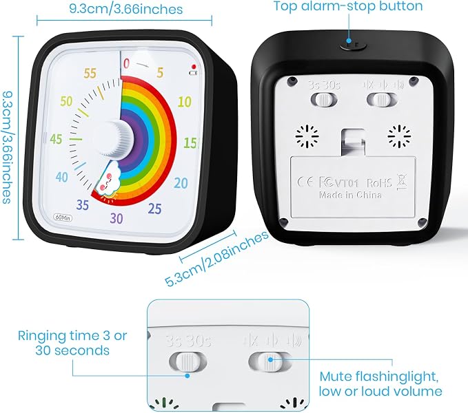 Yunbaoit Rainbow Visual Timer for Kids, 60-min Countdown Timer, Black - Image 5