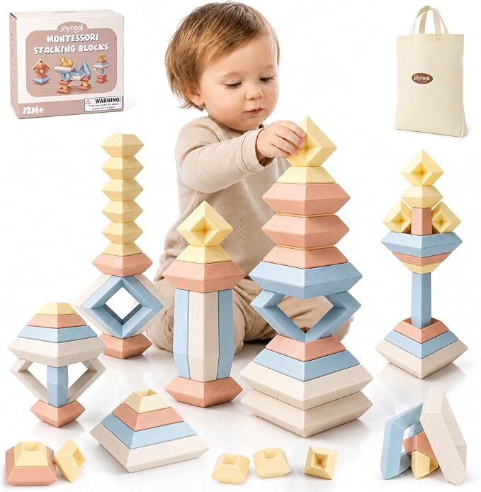 Joyreal Montessori Stacking Blocks for Toddlers 1-3，30PCS Nesting & Building Toys with Storage Bag,Educational Fine Motor Learning Toy, Preschool STEM Stacking Blocks for Boys Girls 12M+ by Joyreal