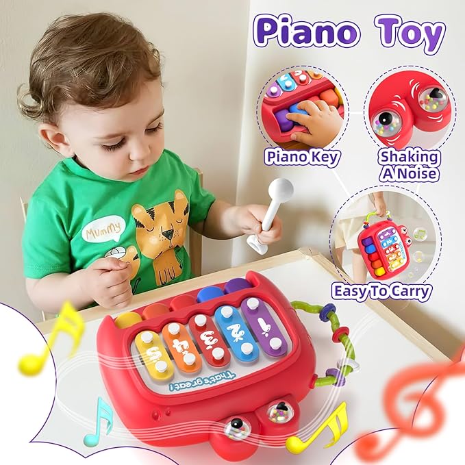 5 in 1 Baby Toy for 9 12 18 Month, Learning Toys for Babies 6-12 Months, Baby Busy Cube, Stacking&Sensory, Pull String&Piano Xylophone Toy, Birthday Gift for 7 8 9 Month