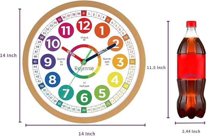Roymnie 14" Wall Clock for Kids Learning Silent Battery Operated Teaching - Image 2