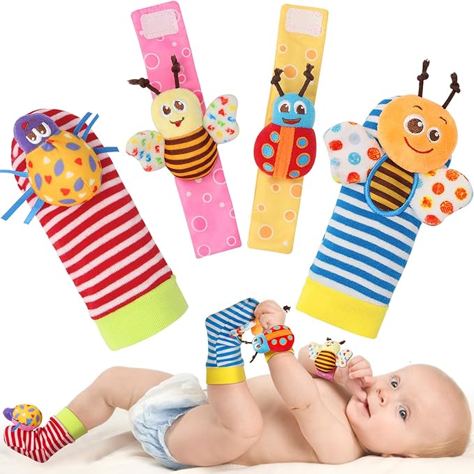 Bloobloomax Wrist Rattle Socks and Foot Finder Set, Infant Girl Boy Toys for Babies 0-36 Months, Newborn Hand & Foot Toys for 0 to 3 Years, Baby Shower Gifts Set (Dark Blue Gift Box)