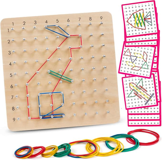 Wooden Geoboards - Montessori STEM Toy with Pattern Cards for Kids Ages 3+ by Skrtuan
