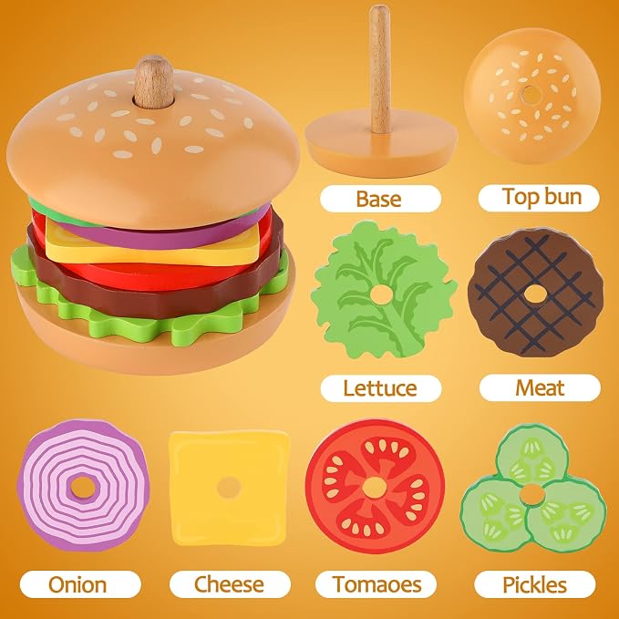 Aizweb Montessori Toys for 3 Year Old - Wooden Burger Stacking Toys for Toddlers and Kids Preschool, Educational Toys, Fine Motor Skill Toy, Blocks for Toddlers, Learning Toys - Image 5