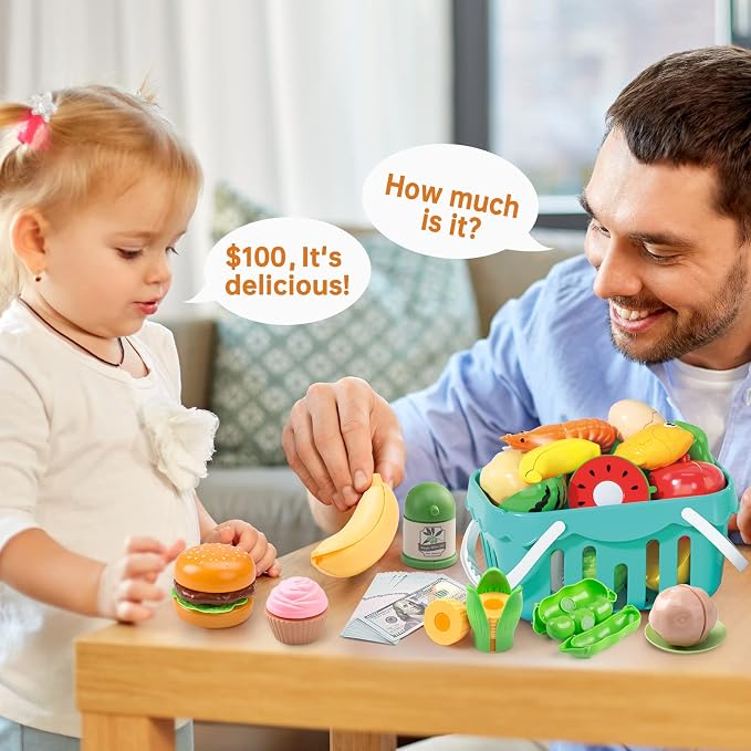 130Pcs Kitchen Playset, Toddler Pretend Cooking Play Pots, Pans, Utensils Cookware, Daily Food Fruit Veges, Shopping Storage Basket, Dessert, Prop Money, Learning Gift for Child (Pink) - Image 7