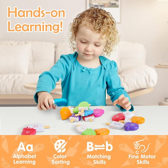 USATDD ABC Alphabet Learning Toys Alphabet Popsicles Animal Matching Toy Uppercase Lowercase Preschool Learning Activities Montessori Toys Gifts for Kids Toddlers, 52 Pcs - Image 5