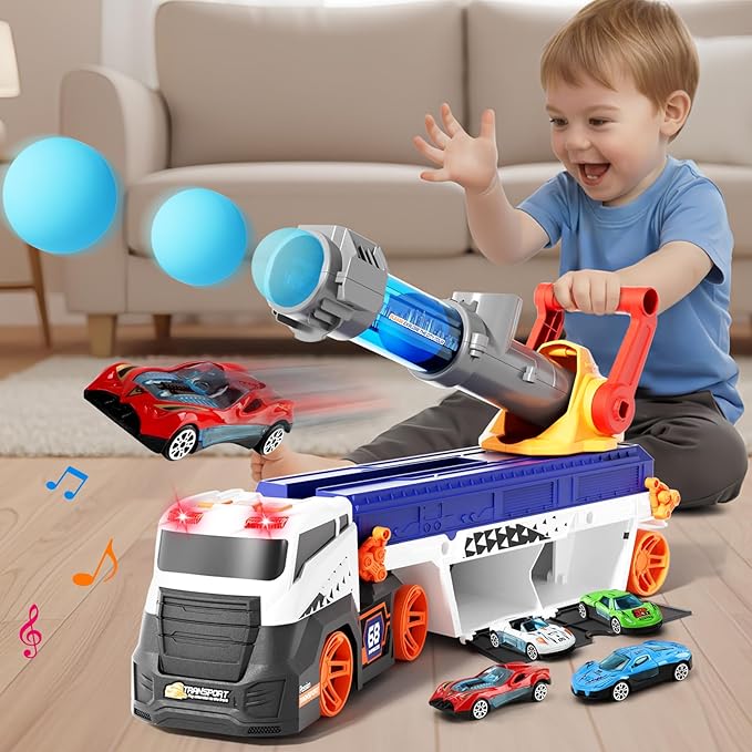 Transport Truck Toys for Kid Boys 3-5, EVA Ball Launcher Car Toys for Kids, Garage Car Toys with Light & Sound, Shooting Toy Sets, Christmas Birthday Gifts for Kid Boys Age 3 4 5 6