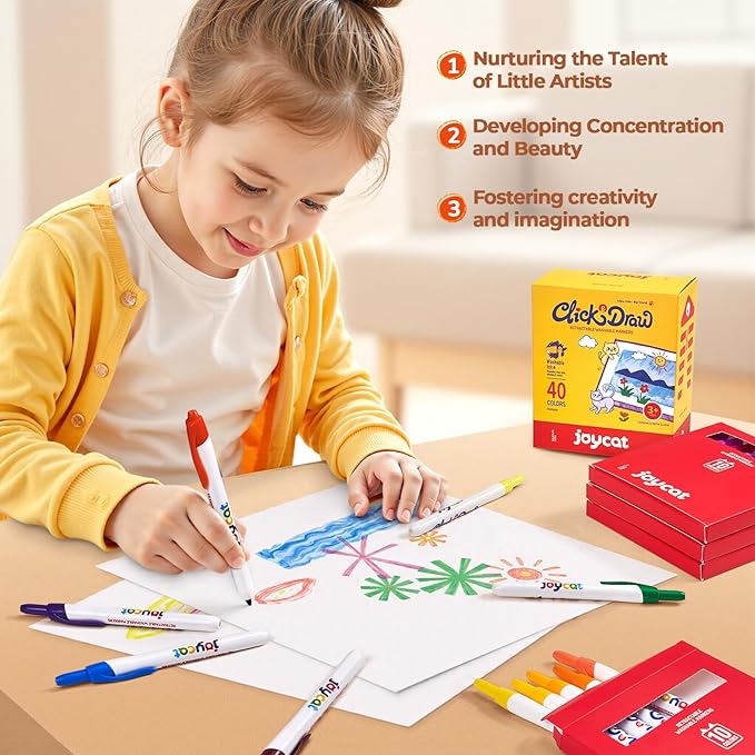 JoyCat Click & Draw Washable Markers for kids with Retractable Tips,40 Colors Markers Set,retractable marker for Toddlers Kids, Ideal arts & crafts supplies,coloring markers,Holiday Gifts for Kids.