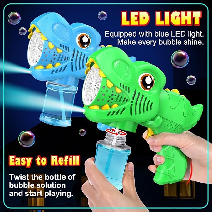 Kids Bubble Gun 2 Pack Dino Bubble Machine Gun for Toddlers with 4 Solutions Automatic 13-Hole Bubbles for Kids Blower Maker Easter Basket Essentials Stuffers Valentines Gift Party Toys for Boys Girls