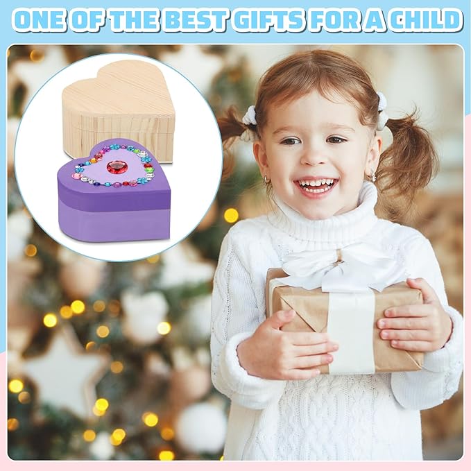 Kigley 6 Sets Paint Your Own Box Kit for Girls DIY Wooden Jewelry Box Unfinished Heart Boxes Arts and Craft Painting Gift Kits Christmas Crafts for Toddler Kids Ages 3-12 Year Old