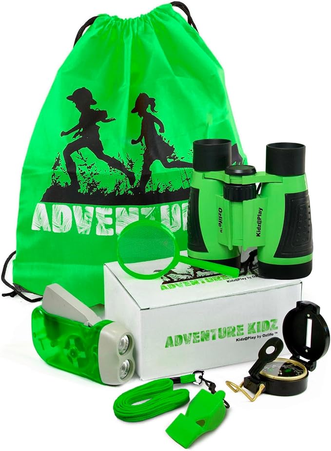 Adventure Kidz Outdoor Exploration Kit, Children’s Binoculars with Case, Flashlight, Compass, Whistle, Magnifying Glass, Backpack. Great Kids Gift Set for Camping, Hiking, STEM and Pretend Play by KidzPlay