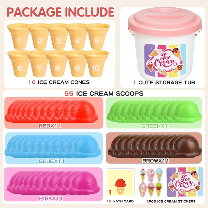 Ice Cream Toy Counting and Color Sorting Set for Toddlers, Montessori Preschool Kindergarten Learning Activities Fine Motor Skill Toys, Number Math Games Learning Toy Gifts for Kids Boys Girls Age 3-5 - Image 2