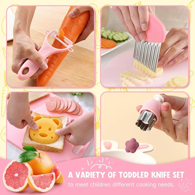 28PCS Toddler Knife Set - Kids Knifes for Real Cooking, Wooden Kids Kitchen Knife Set with Gloves Cutting Board Crinkle Cutters Kid Safe Knives, Toddlers Kitchen Tools (Crocodile 16PCS Set) - Image 6