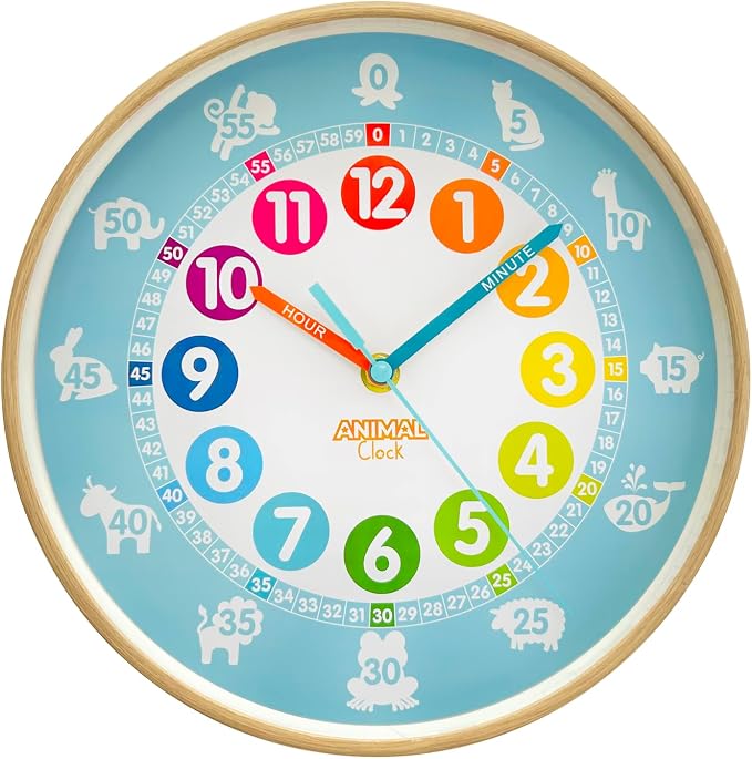Animal Preschool Clock - Time Teacher 10 Inch Educational Silent Wall Clock with Wood Look Frame - Easy to Read Dial for Teacher's Classrooms, Preschooler's Bedroom & Children Playroom by PreschoolCollection