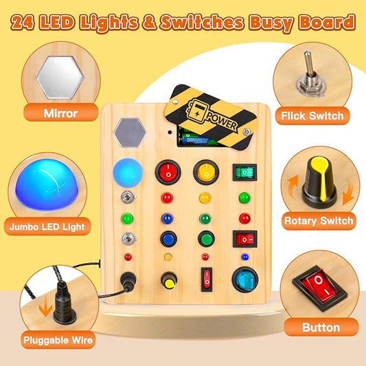 Busy Board Montessori Toys for Toddler, Wooden Sensory Board Switch Toy with Shape Sorter LED Light Up Toys Educational Plane Travel Activity for Girls & Boys